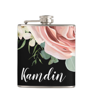 Personalized Flask Geometric Garden Rose Black