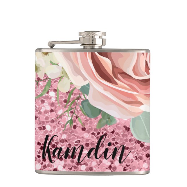 Personalized Flask Geometric Garden Rose Glitter (Front)