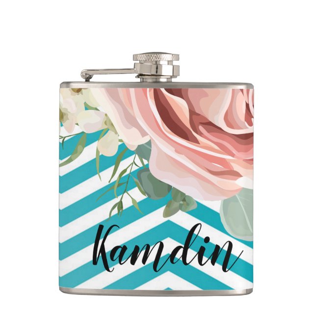 Personalized Flask Geometric Rose Chevron Teal (Front)
