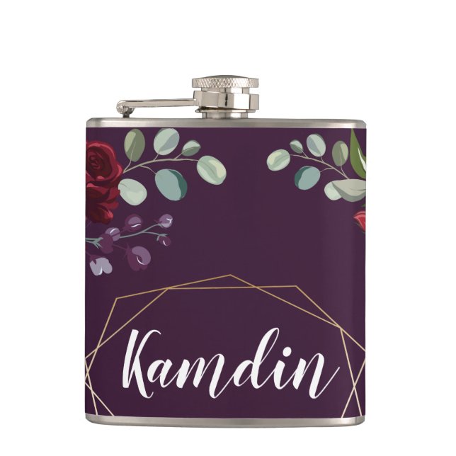 Personalized Flask Plum Purple Roses Gold Geometri (Front)