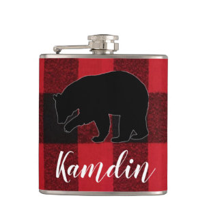 Personalized Flask Red Buffalo Plaid Bear Black