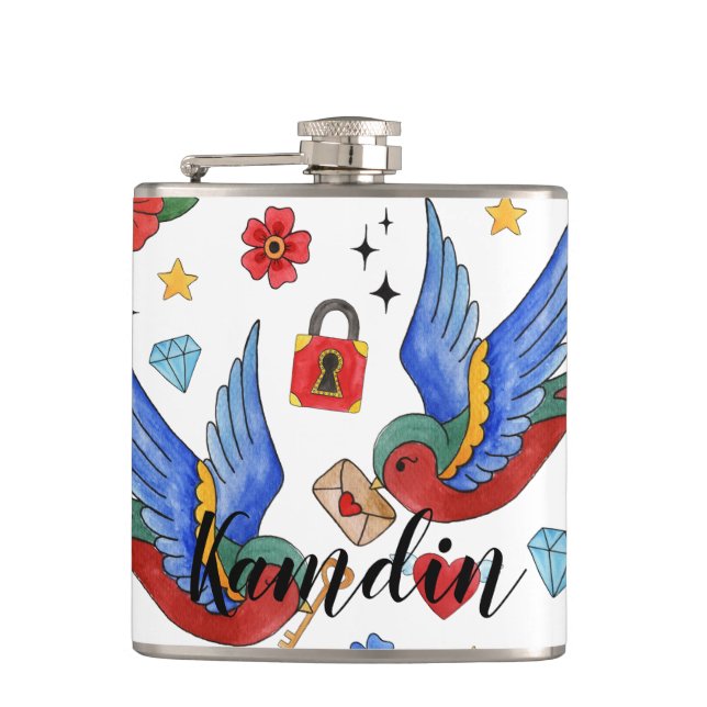 Personalized Flask Traditional Bird Tattoo Sparrow (Front)