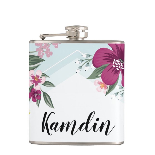 Personalized Flask Tropical Flower on Blue Ombre (Front)