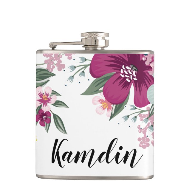 Personalized Flask Tropical Flower on White (Front)