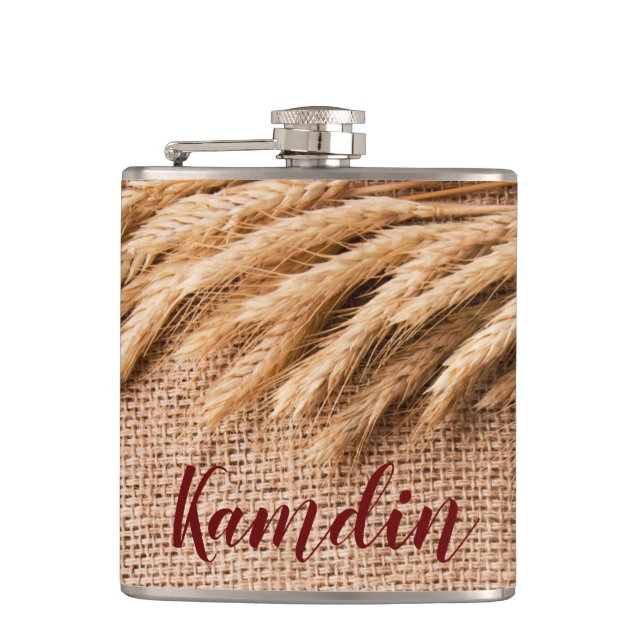 Personalized Flask Wheat on Burlap Sack Country Ru (Front)