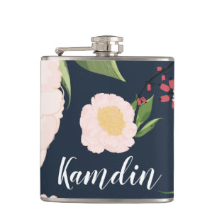 Personalized Flask White Floral Flowers on Dark Bl