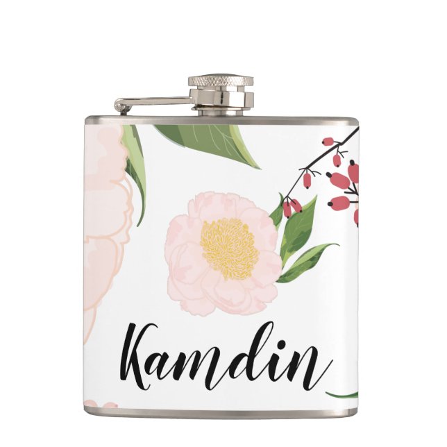 Personalized Flask White Floral Flowers on White (Front)