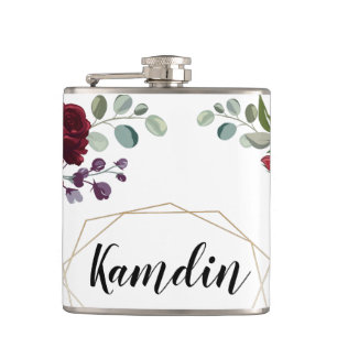 Personalized Flask White Roses Gold Geometric Flor