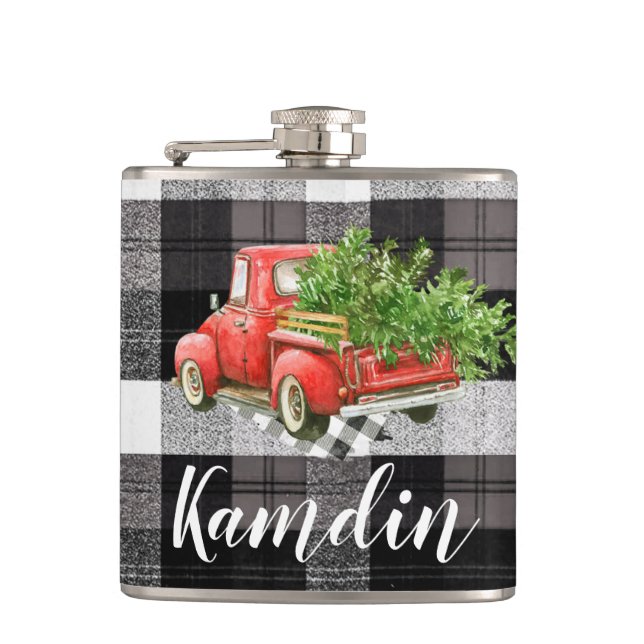 Personalized Flask XMAS Truck Baffalo Plaid Black (Front)