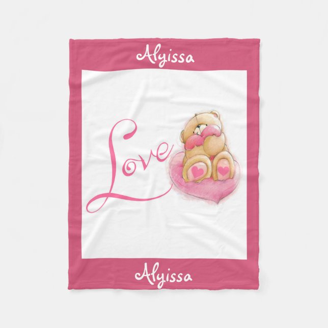 Personalized Fleece Blanket/Bear and Hearts Blanket (Front)