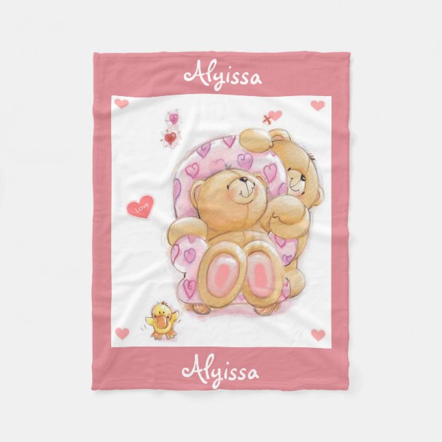 Personalized Fleece Blanket/Bear and Hearts Blanket (Front)