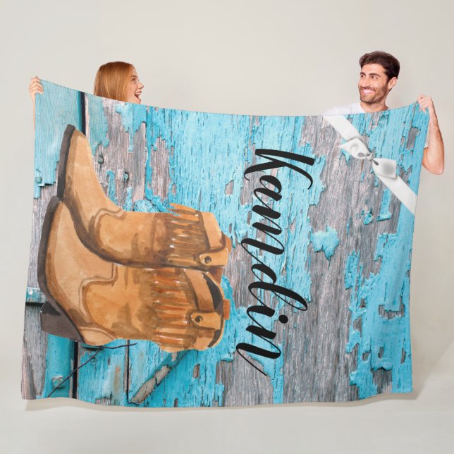 Personalized Fleece Throw Blue Wood Barn Door Boot (In Situ)