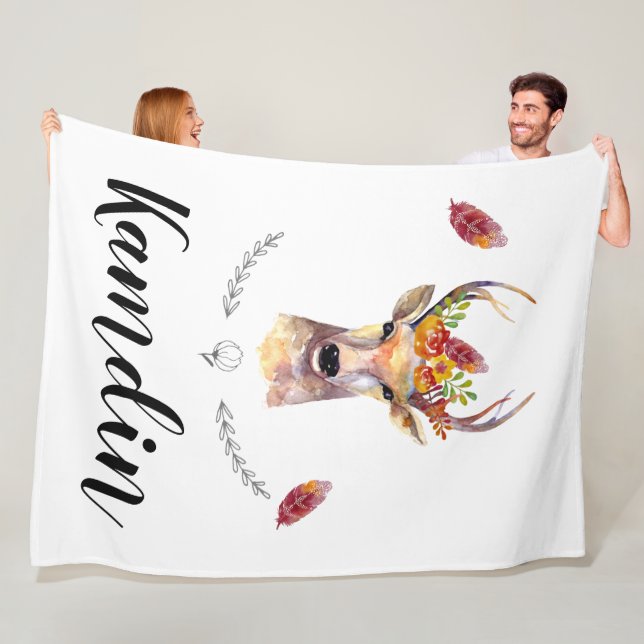 Personalized Fleece Throw boho deer Buck Head Brow Blanket (In Situ)