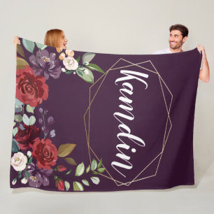 Personalized Fleece Throw Plum Purple Roses Gold G