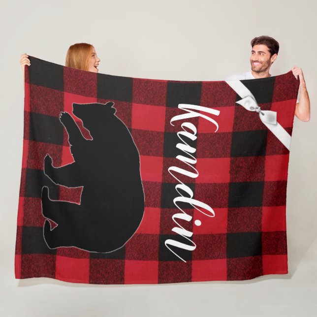 Personalized Fleece Throw Red Buffalo Plaid Bear Blanket (In Situ)