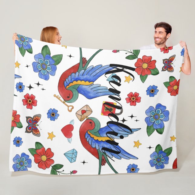 Personalized Fleece Throw Traditional Bird Tattoo (In Situ)