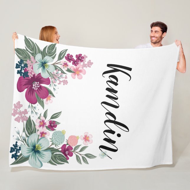 Personalized Fleece Throw Tropical Flower on White (In Situ)