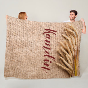 Personalized Fleece Throw Wheat on Burlap Sack Cou Blanket