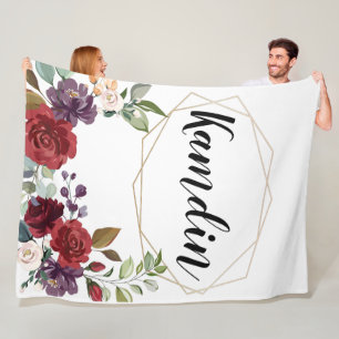 Personalized Fleece Throw White Roses Gold Geometr Blanket