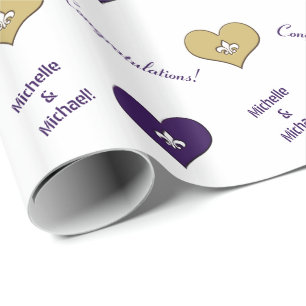 Personalized Fleur de Lis Heart Purple Gold Wrapping Paper
