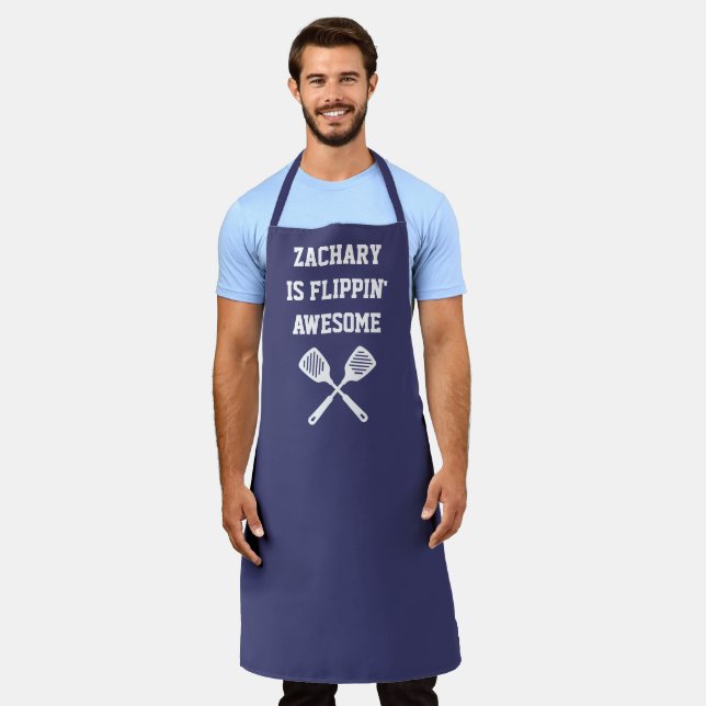 Personalized Flippin Awesome Spatula Navy Blue Apron (Worn)