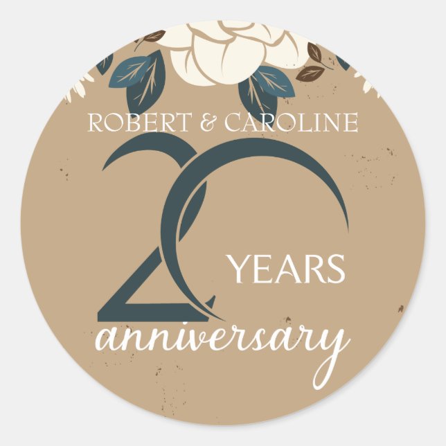 Personalized Floral 20th Wedding Anniversary Classic Round Sticker (Front)