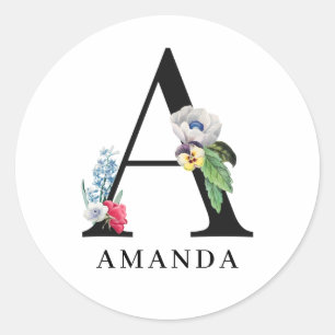 Personalized Floral Alphabet A Monogram  Classic Round Sticker