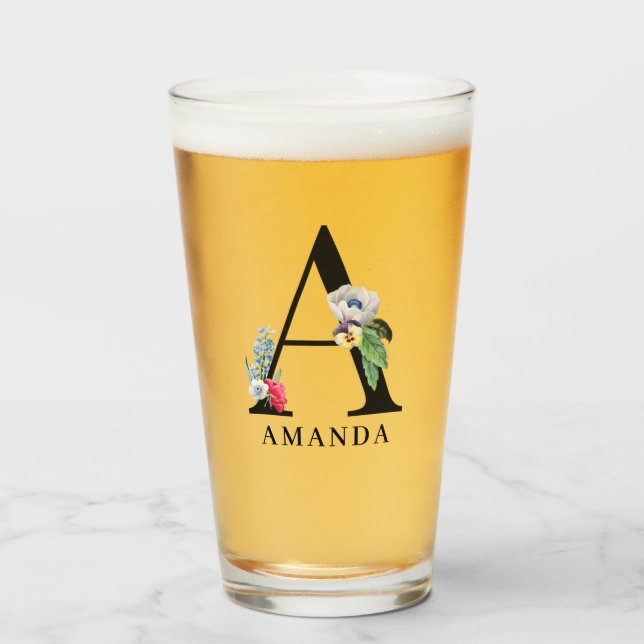 Personalized Floral Alphabet A Monogram  Glass (Front Filled)
