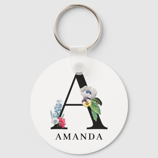 Personalized Floral Alphabet A Monogram  Keychain (Front)