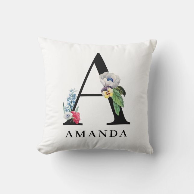 Personalized Floral Alphabet A Monogram  Throw Pillow (Front)