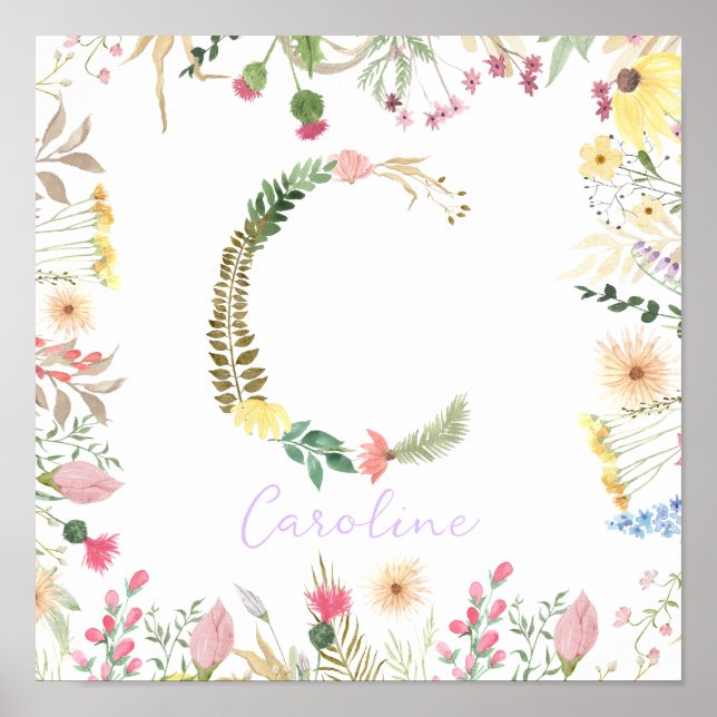  Personalized Floral Alphabet Initial Nursery  Poster (Front)