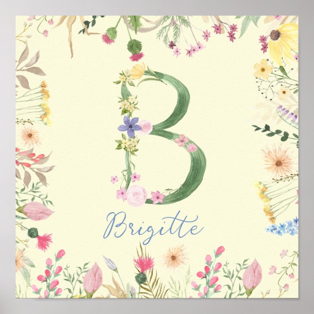 Personalized Floral Alphabet Initial Nursery  Poster (Front)