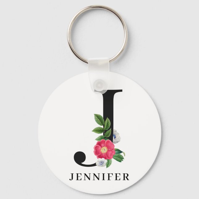 Personalized Floral Alphabet J Monogram   Keychain (Front)