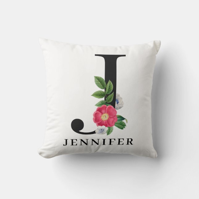 Personalized Floral Alphabet J Monogram   Throw Pillow (Front)