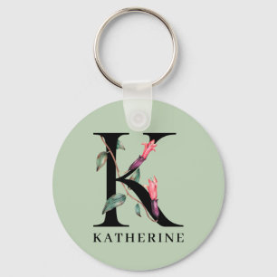 Personalized Floral Alphabet K Monogram Keychain