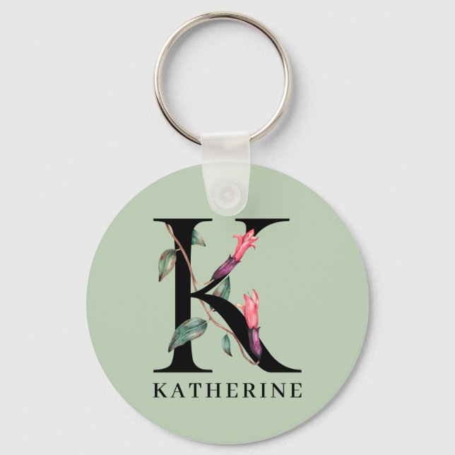 Personalized Floral Alphabet K Monogram Keychain (Front)