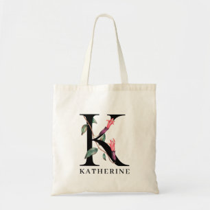 Personalized Floral Alphabet K Monogram Tote Bag