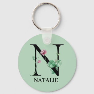 Personalized Floral Alphabet N Monogram  Keychain