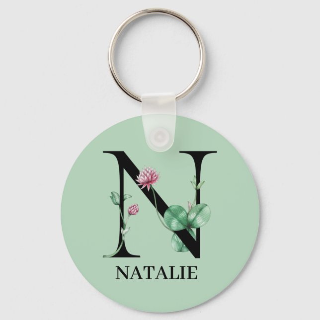 Personalized Floral Alphabet N Monogram  Keychain (Front)