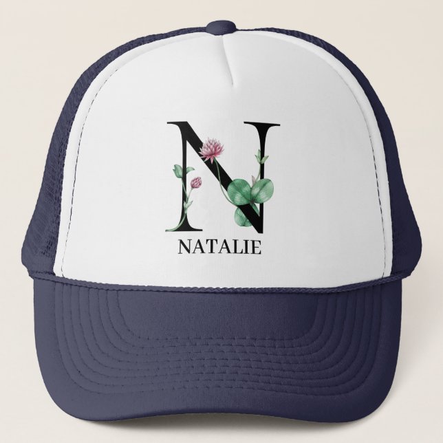 Personalized Floral Alphabet N Monogram  Trucker Hat (Front)