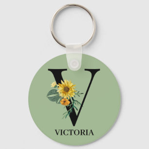 Personalized Floral Alphabet V Monogram  Keychain