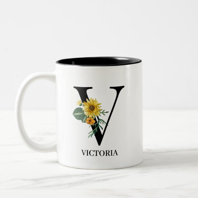 Personalized Floral Alphabet V Monogram Two-Tone Coffee Mug (Left)