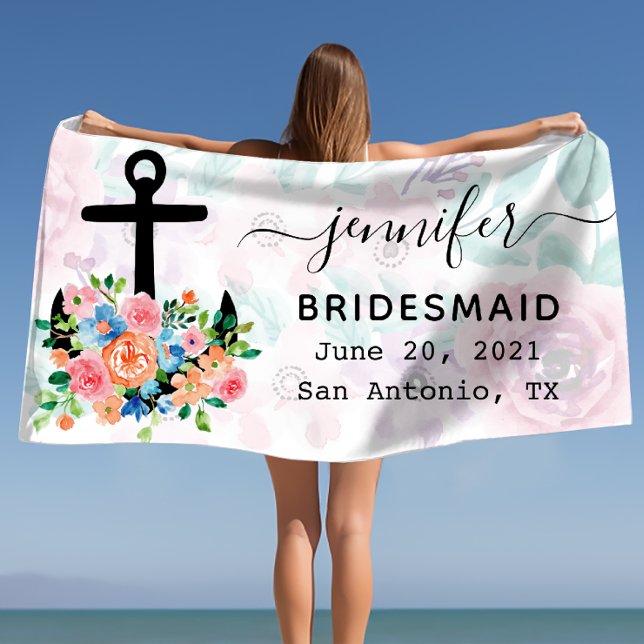 Personalized Floral Anchor Bachelorette Bridesmaid Beach Towel (Personalized Floral Anchor Bachelorette Bridesmaid Beach Towel)