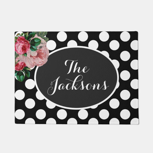 Personalized Floral and Black Polka Dot Doormat (Front)