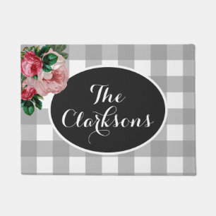 Personalized Floral and Buffalo Check Doormat