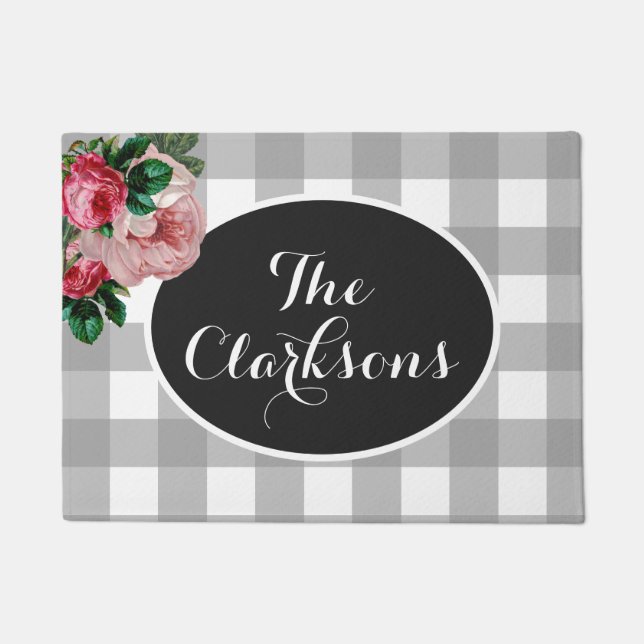 Personalized Floral and Buffalo Check Doormat (Front)