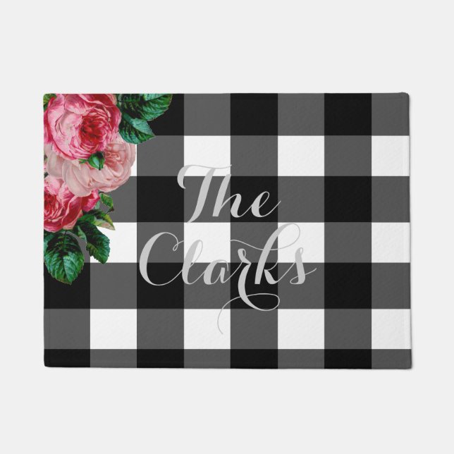 Personalized Floral and Buffalo Check Doormat (Front)