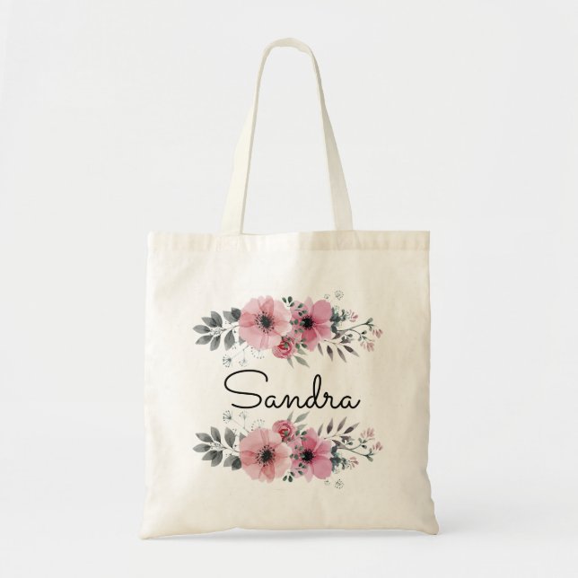 Personalized Floral and Greenery Tote Bag (Front)
