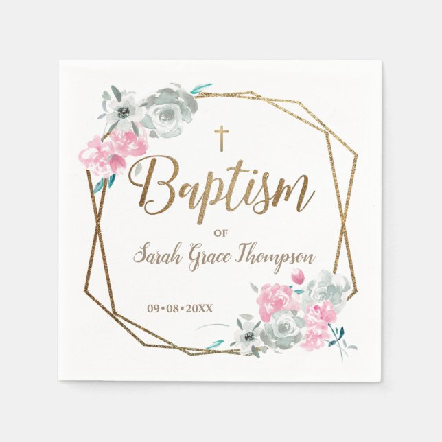 Personalized floral Baby girl gold cross baptism Napkin (Front)