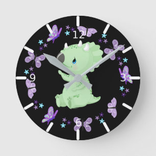 Personalized Floral Baby Triceratops & Butterflies Round Clock